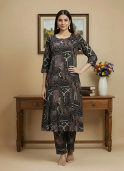 Black Rayon Printed Straight Kurta Pant Co ord Set