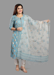 Cherry Sky Blue Cotton Chanderi Printed & Emb A-Line Suit Set