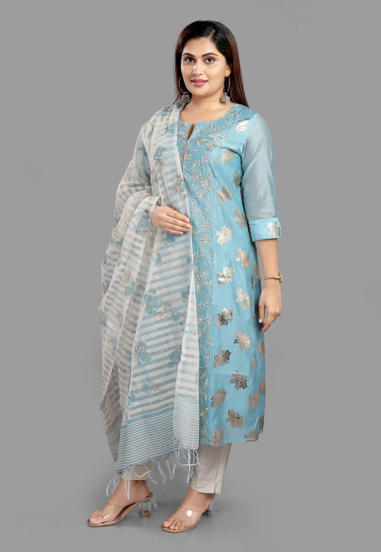 Cherry Sky Blue Cotton Chanderi Printed & Emb A-Line Suit Set