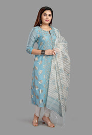 Cherry Sky Blue Cotton Chanderi Printed & Emb A-Line Suit Set