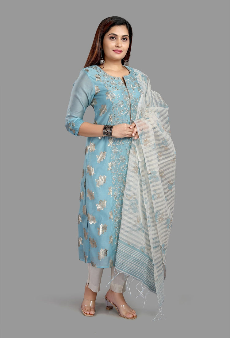 Cherry Sky Blue Cotton Chanderi Printed & Emb A-Line Suit Set
