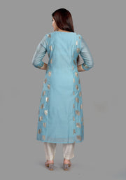 Cherry Sky Blue Cotton Chanderi Printed & Emb A-Line Suit Set