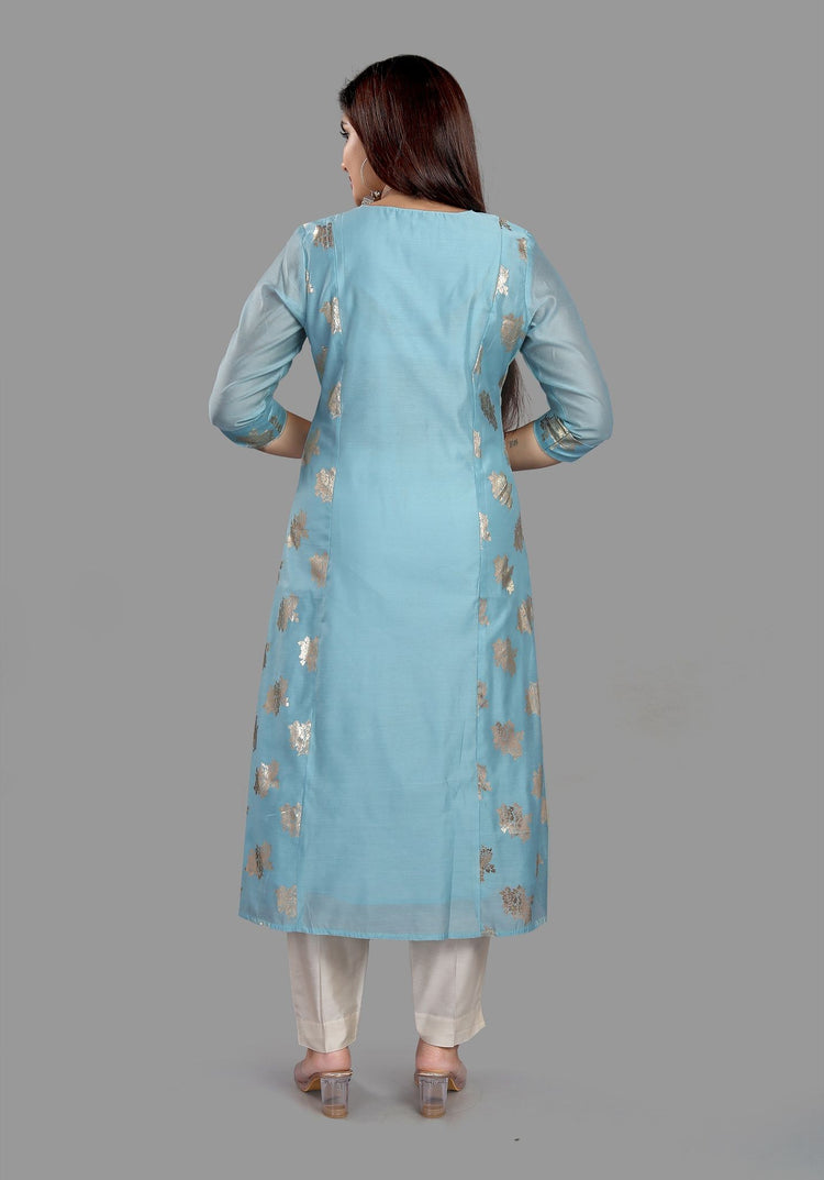 Cherry Sky Blue Cotton Chanderi Printed & Emb A-Line Suit Set