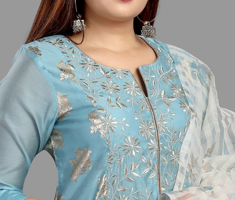 Cherry Sky Blue Cotton Chanderi Printed & Emb A-Line Suit Set