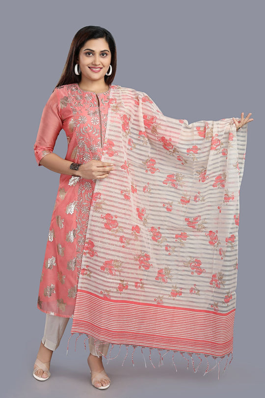 Cherry Peach Cotton Chanderi Printed & Emb A-Line Suit Set