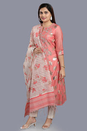 Cherry Peach Cotton Chanderi Printed & Emb A-Line Suit Set