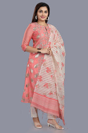 Cherry Peach Cotton Chanderi Printed & Emb A-Line Suit Set