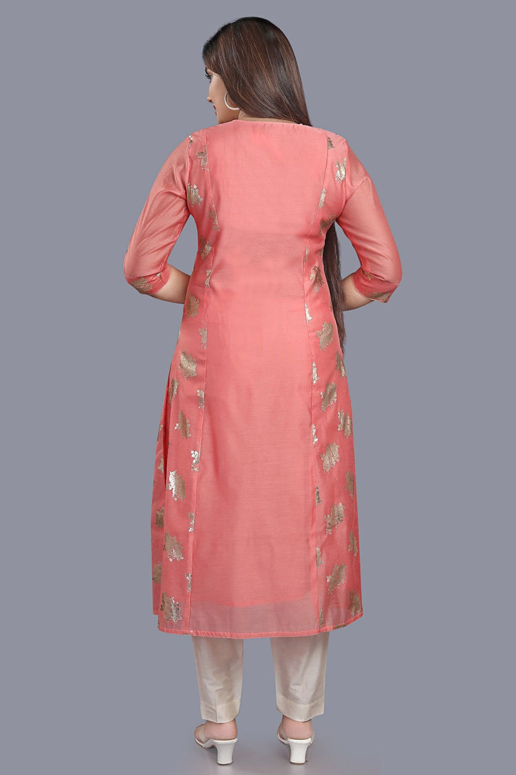 Cherry Peach Cotton Chanderi Printed & Emb A-Line Suit Set