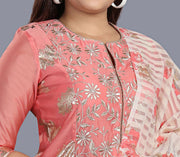 Cherry Peach Cotton Chanderi Printed & Emb A-Line Suit Set