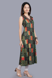 Ciona Black And Green Rayon Print Sleeveless Kurti