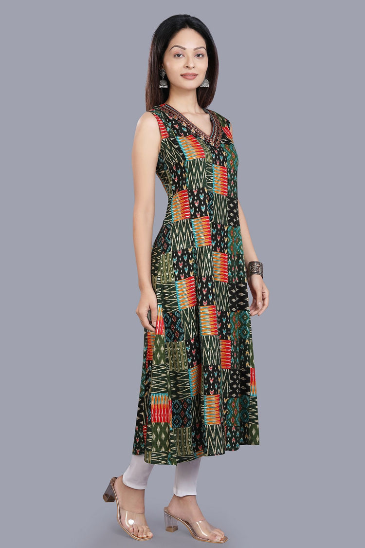 Ciona Black And Green Rayon Print Sleeveless Kurti
