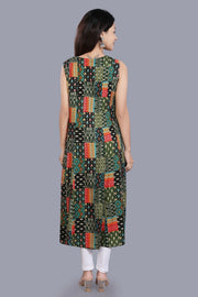 Ciona Black And Green Rayon Print Sleeveless Kurti