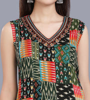 Ciona Black And Green Rayon Print Sleeveless Kurti