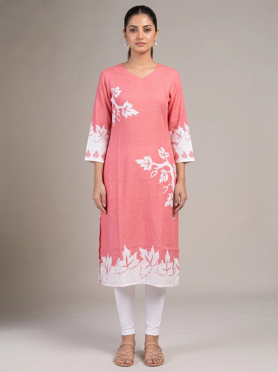 Baby Pink Muslin Cotton Printed Straight Kurta