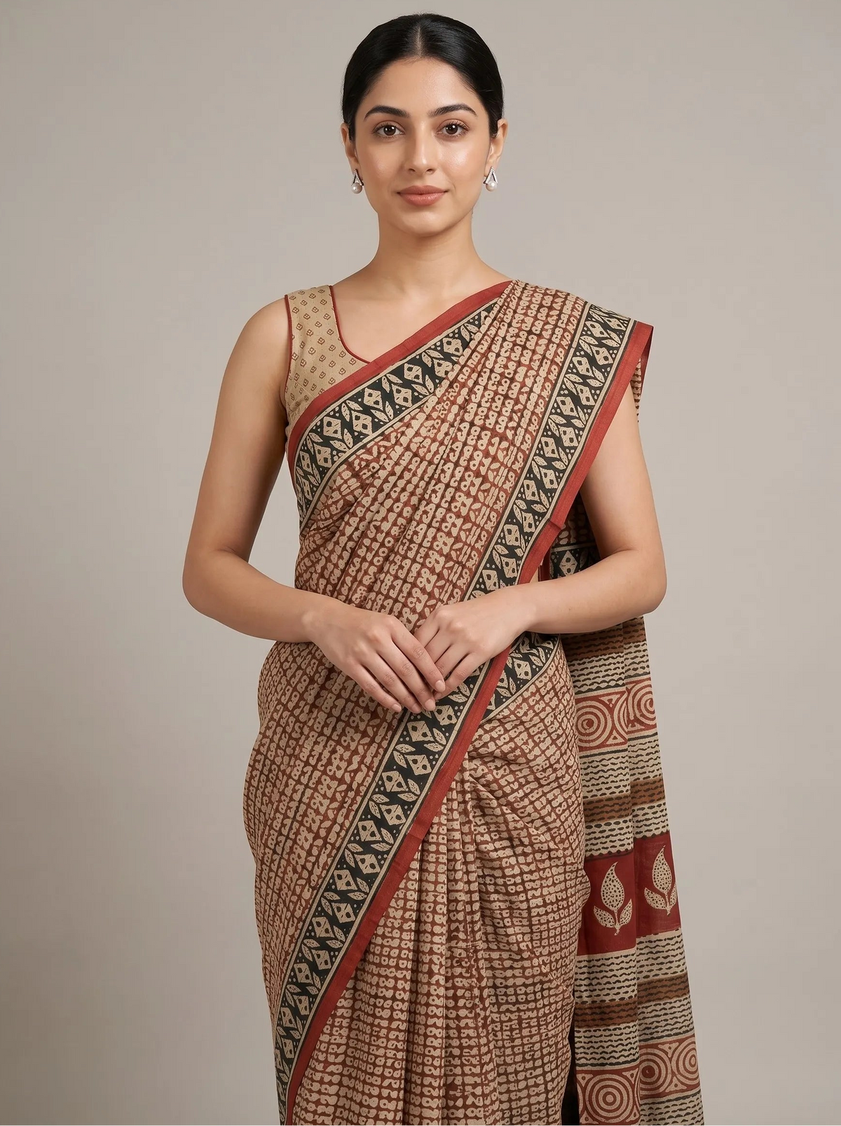 A woman modeling a traditional Indian saree with a brown and beige woven body, a red border, and a black and beige patterned pallu, set against a plain beige studio background.
