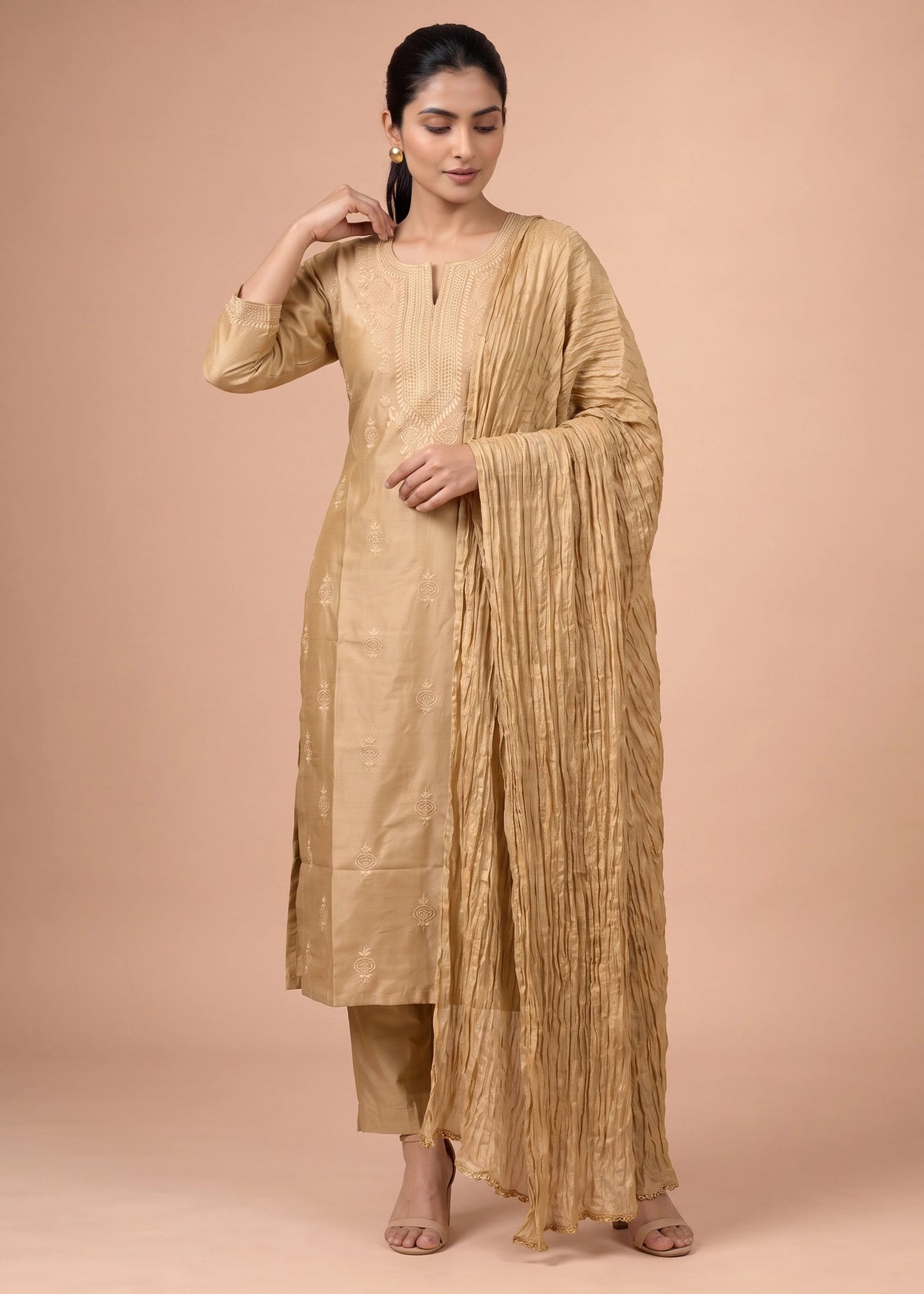 Beige Embroidered Kurti with Matching Pants and Dupatta