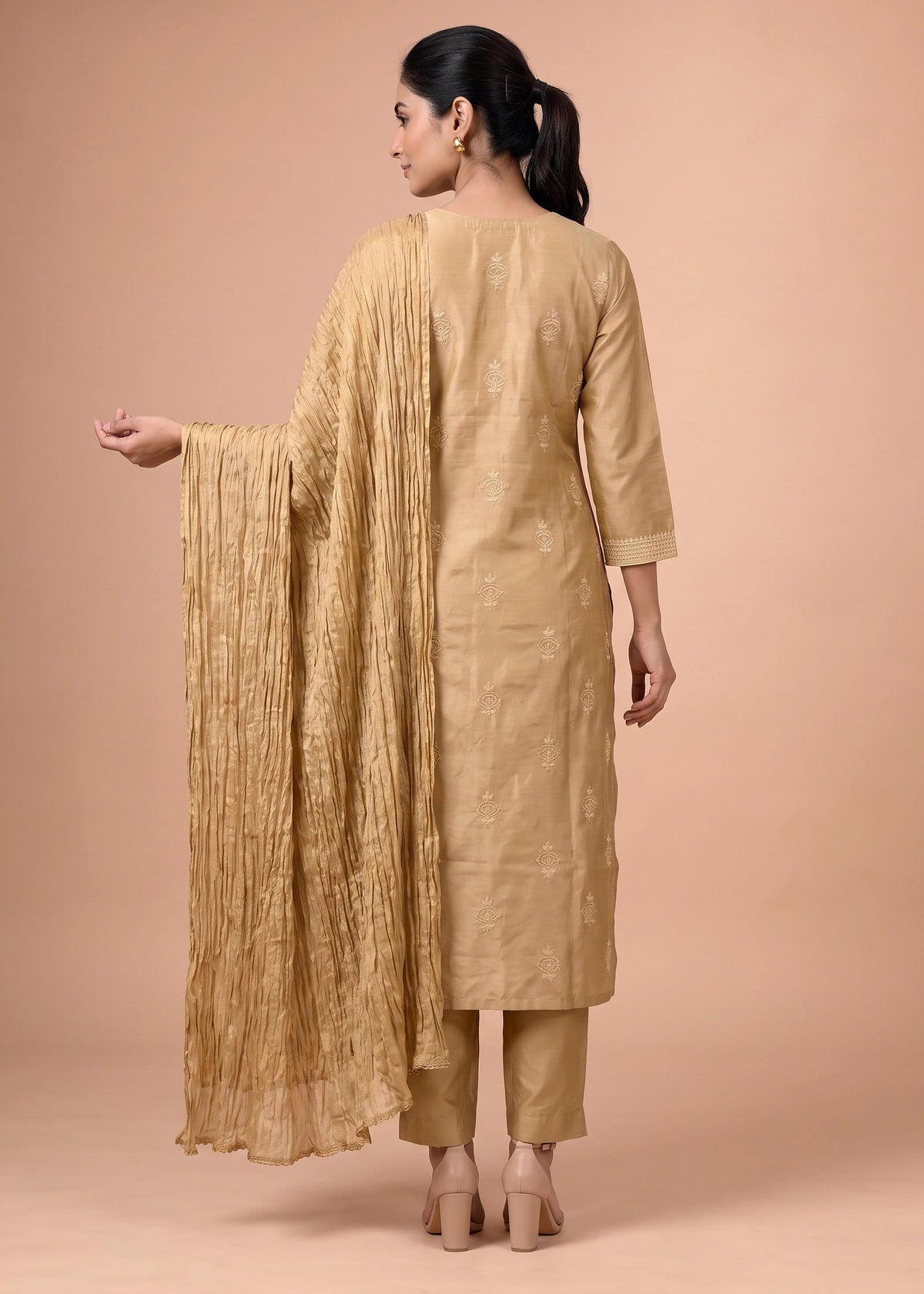 Beige Embroidered Kurti with Matching Pants and Dupatta