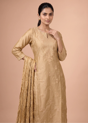 Beige Embroidered Kurti with Matching Pants and Dupatta