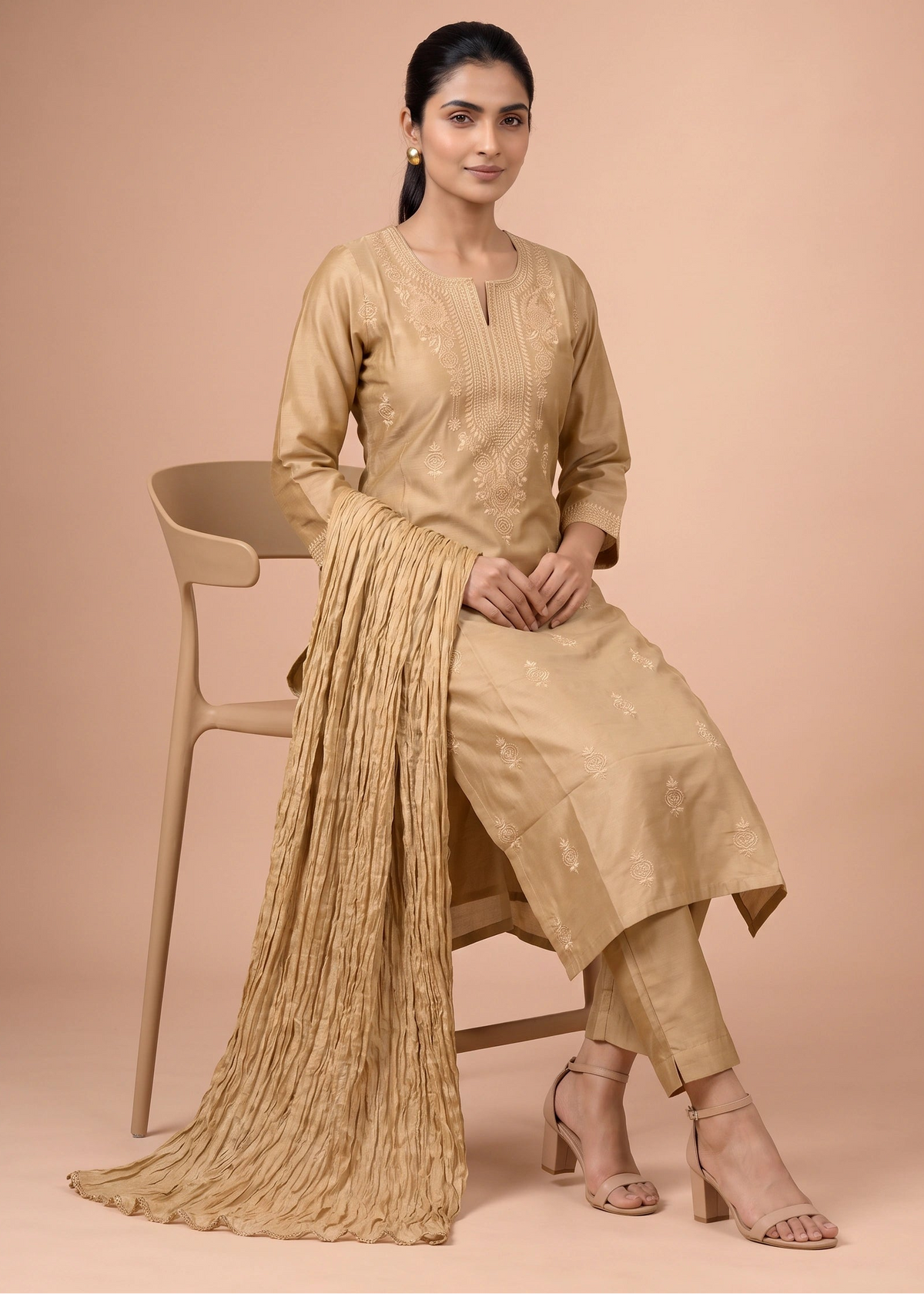 Beige Embroidered Kurti with Matching Pants and Dupatta
