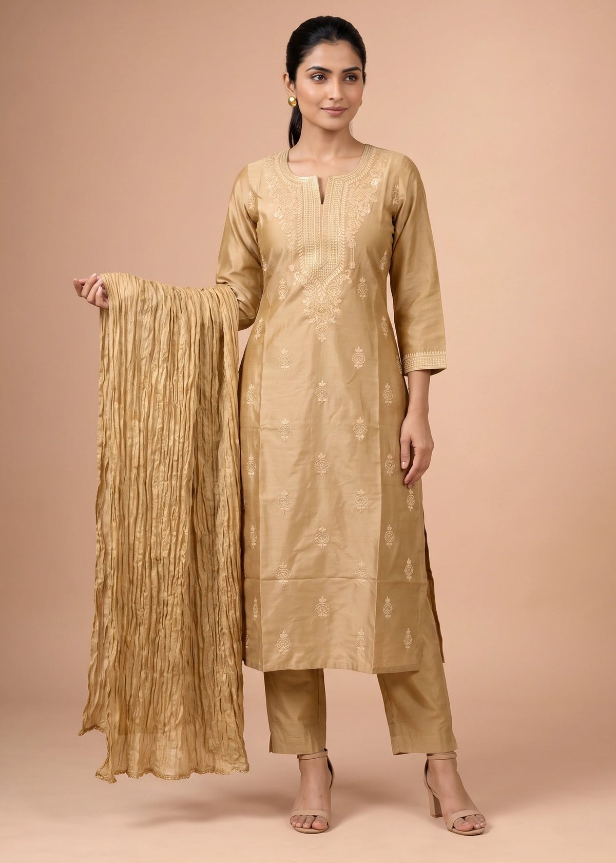 Beige Embroidered Kurti with Matching Pants and Dupatta