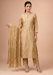 Beige Embroidered Kurti with Matching Pants and Dupatta