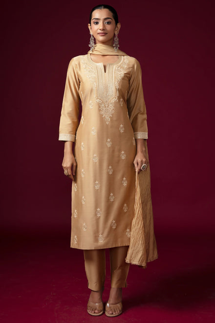 Beige Embroidered Kurti with Matching Pants and Dupatta