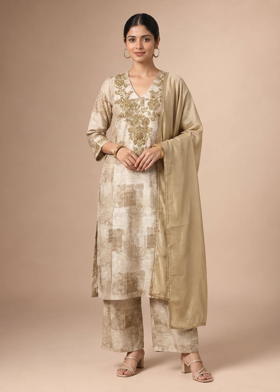Beige Embroidered Straight Ethnic Suit Set