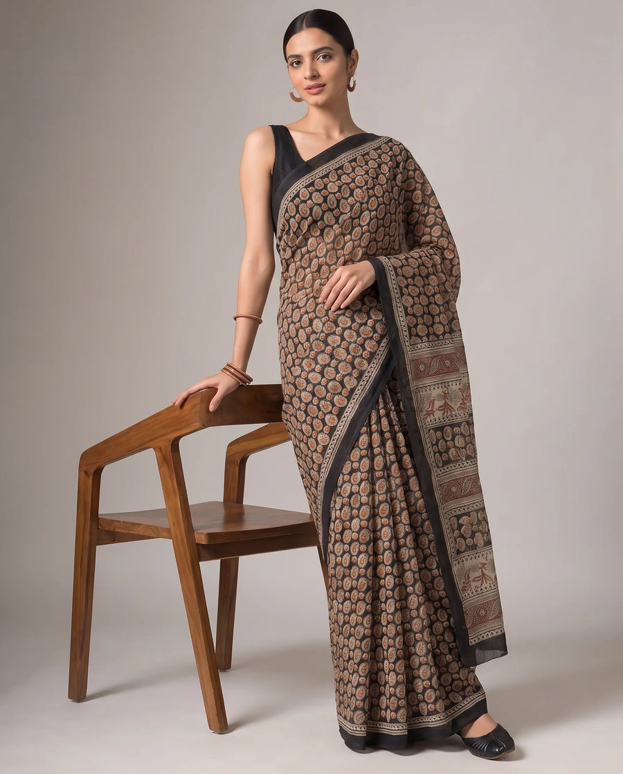 Black & Beige Cotton Ethnic Printed Saree