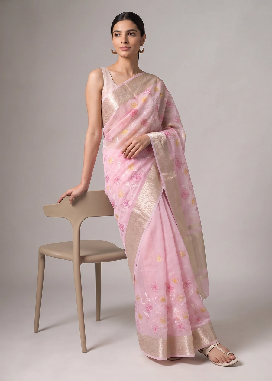 Blush Pink Chanderi Cotton Floral Zari Woven Saree