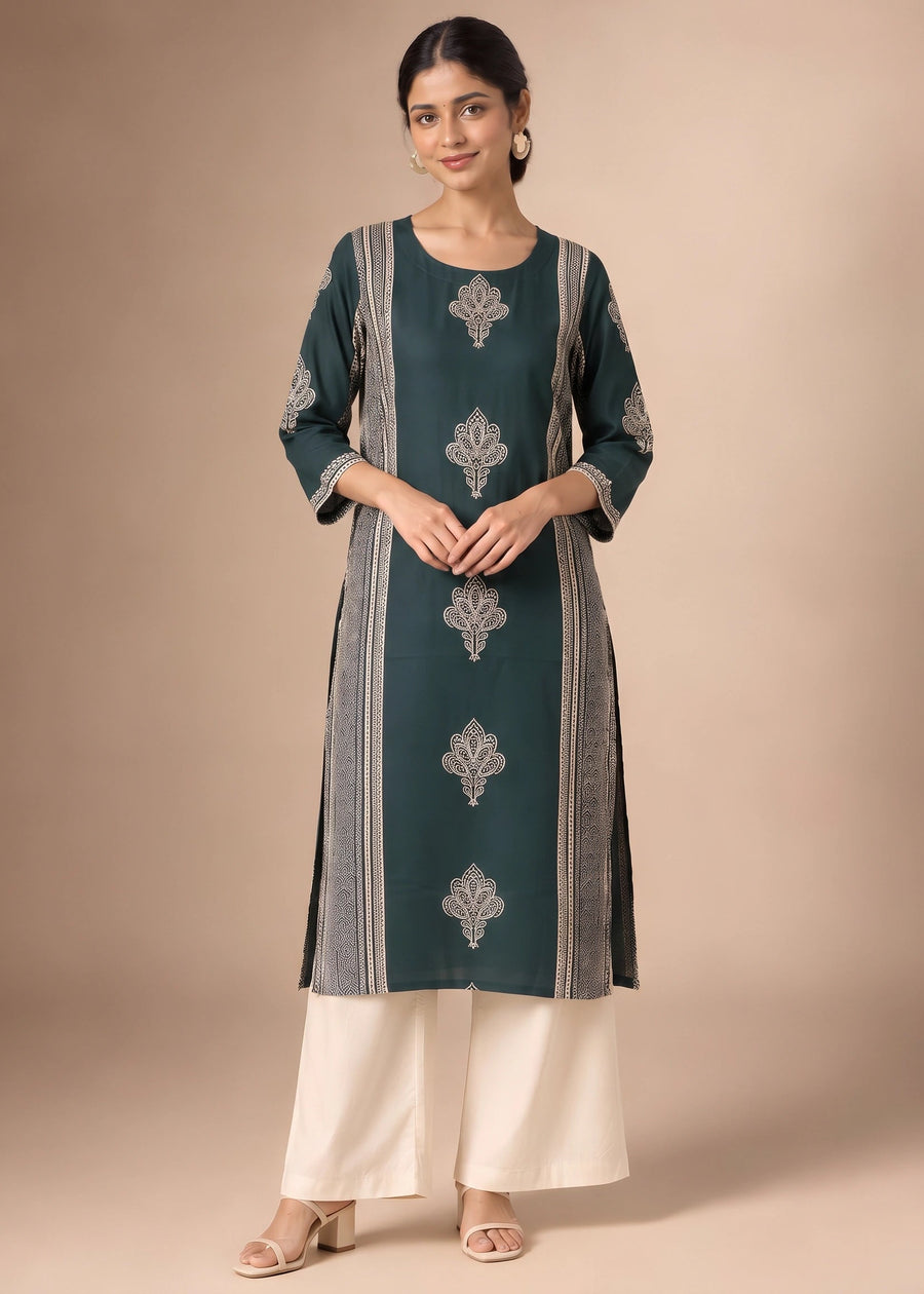 Bottle Green Traditional Floral Block Print Kurta