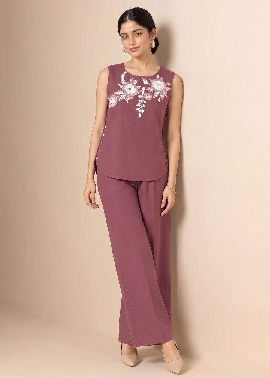 Brown Embroidered Straight Co-ord Set