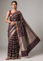 A woman modeling a dark purple and gold Banarasi silk saree with a matching purple blouse, standing against a neutral gray studio background.