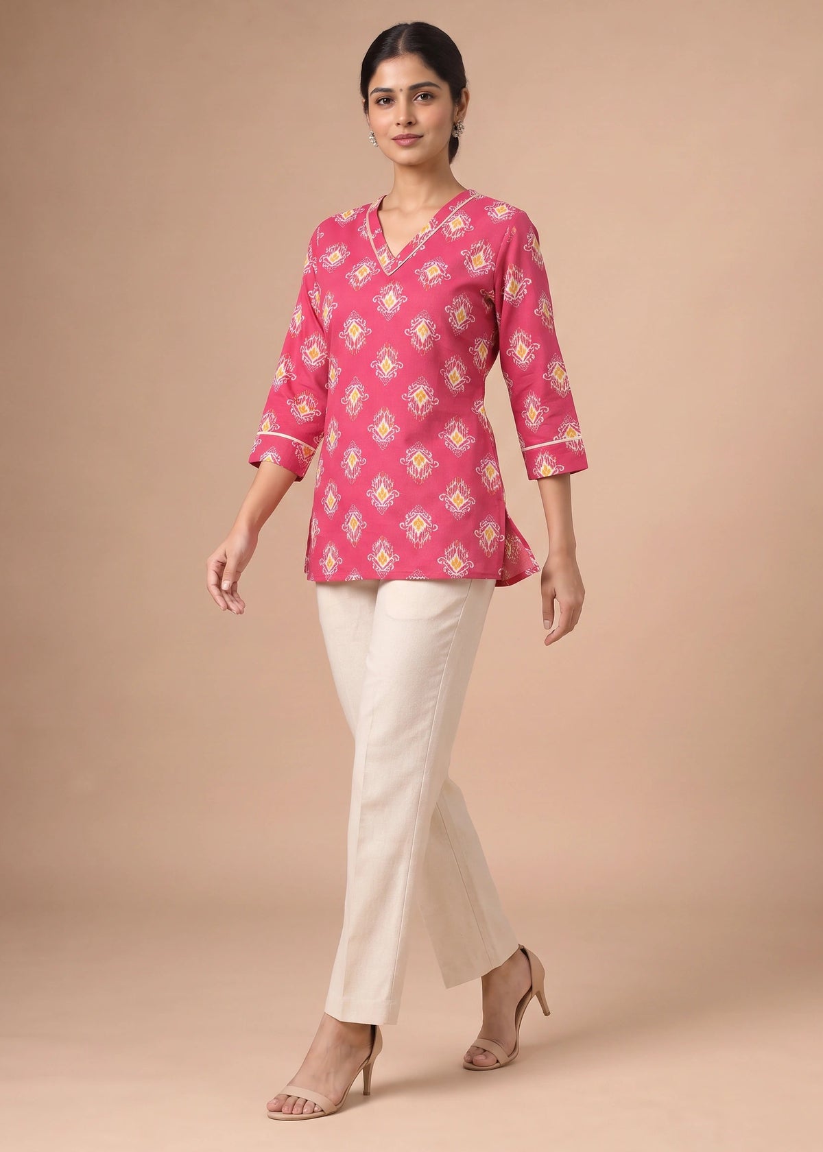 Cherry Pink Printed V-Neck Short Kurti