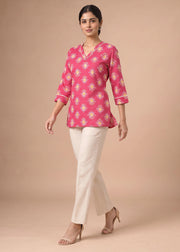 Cherry Pink Printed V-Neck Short Kurti