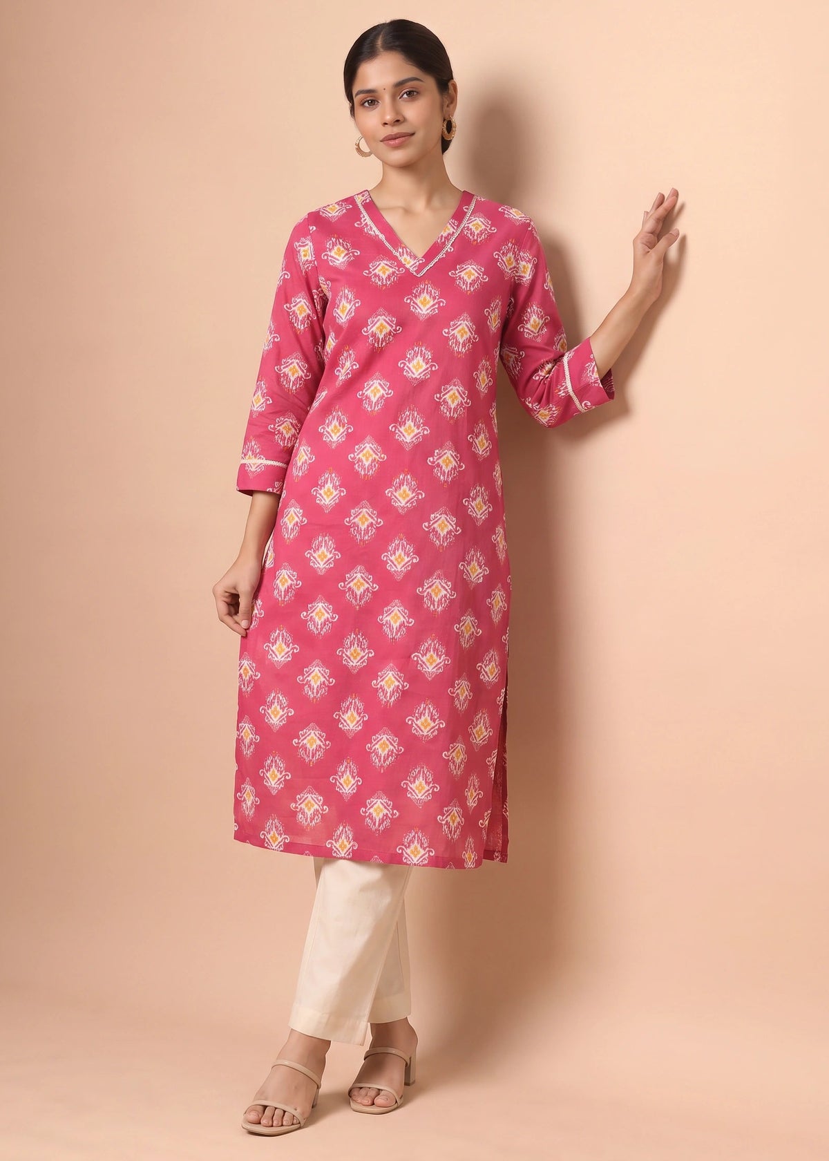 Cherry Pink Printed V-Neck Straight Kurta