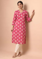 Cherry Pink Printed V-Neck Straight Kurta