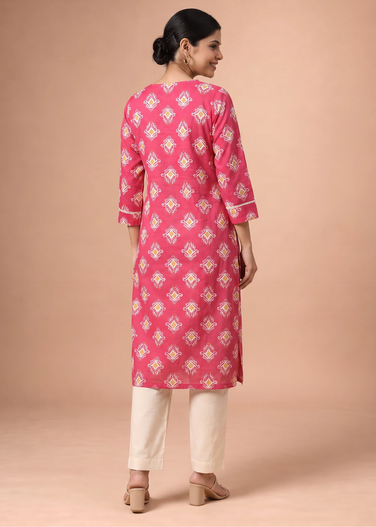 Cherry Pink Printed V-Neck Straight Kurta