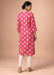 Cherry Pink Printed V-Neck Straight Kurta