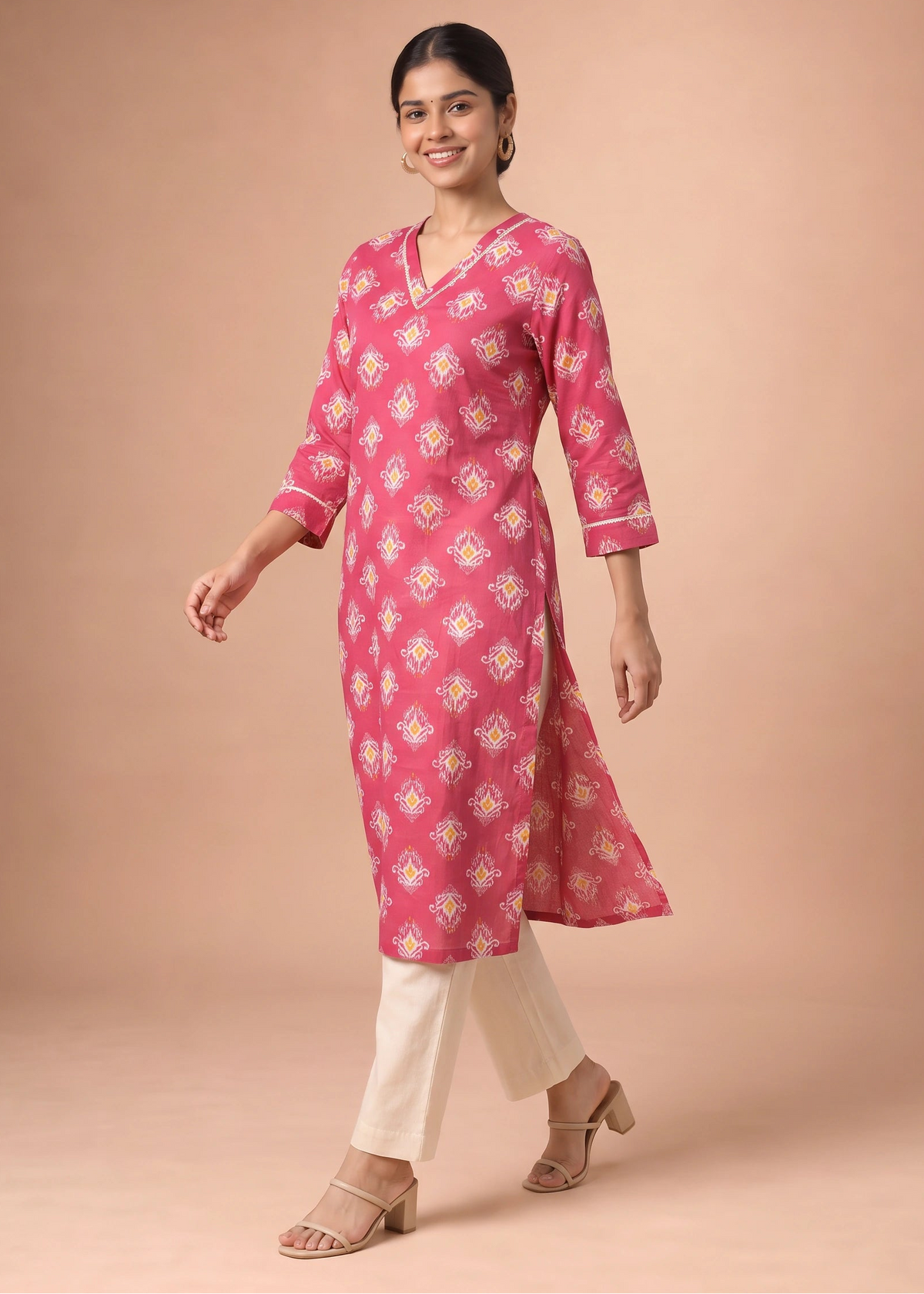 Cherry Pink Printed V-Neck Straight Kurta