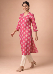Cherry Pink Printed V-Neck Straight Kurta