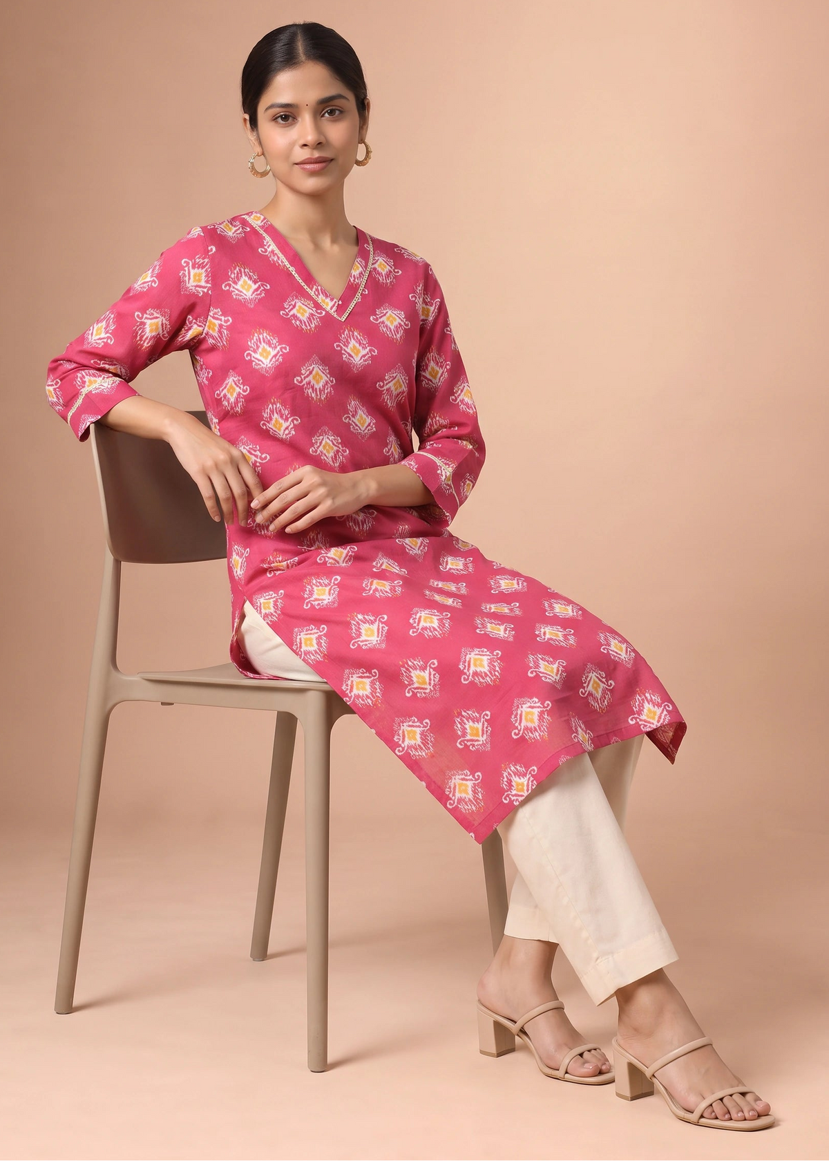 Cherry Pink Printed V-Neck Straight Kurta