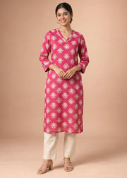 Cherry Pink Printed V-Neck Straight Kurta