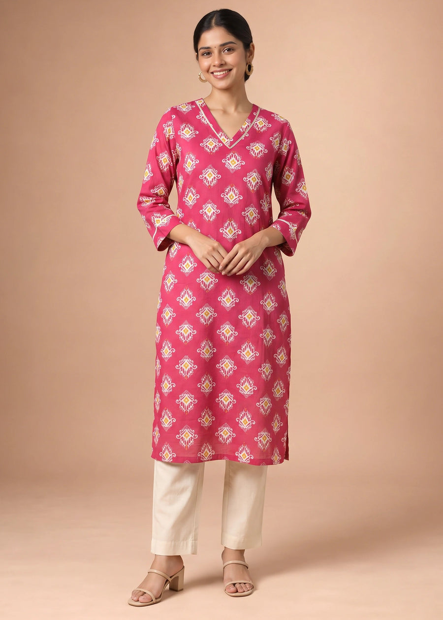 Cherry Pink Printed V-Neck Straight Kurta