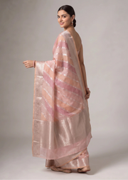 A woman modeling a coral orange and pink striped saree with metallic silver zari embroidery, shown from a side-back angle against a neutral gray studio background.