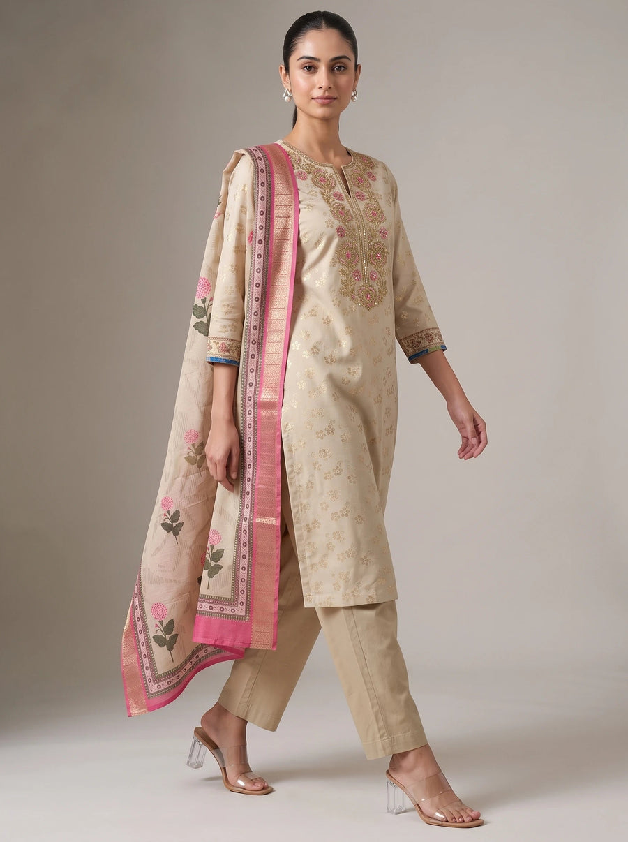 Cream Kashmiri Floral Zari & Thread Embroidery Embroidered Ethnic Set