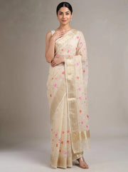 Cream Munga Kota cotton Banarasi embroidered saree front view with floral embroidery and detailed woven border