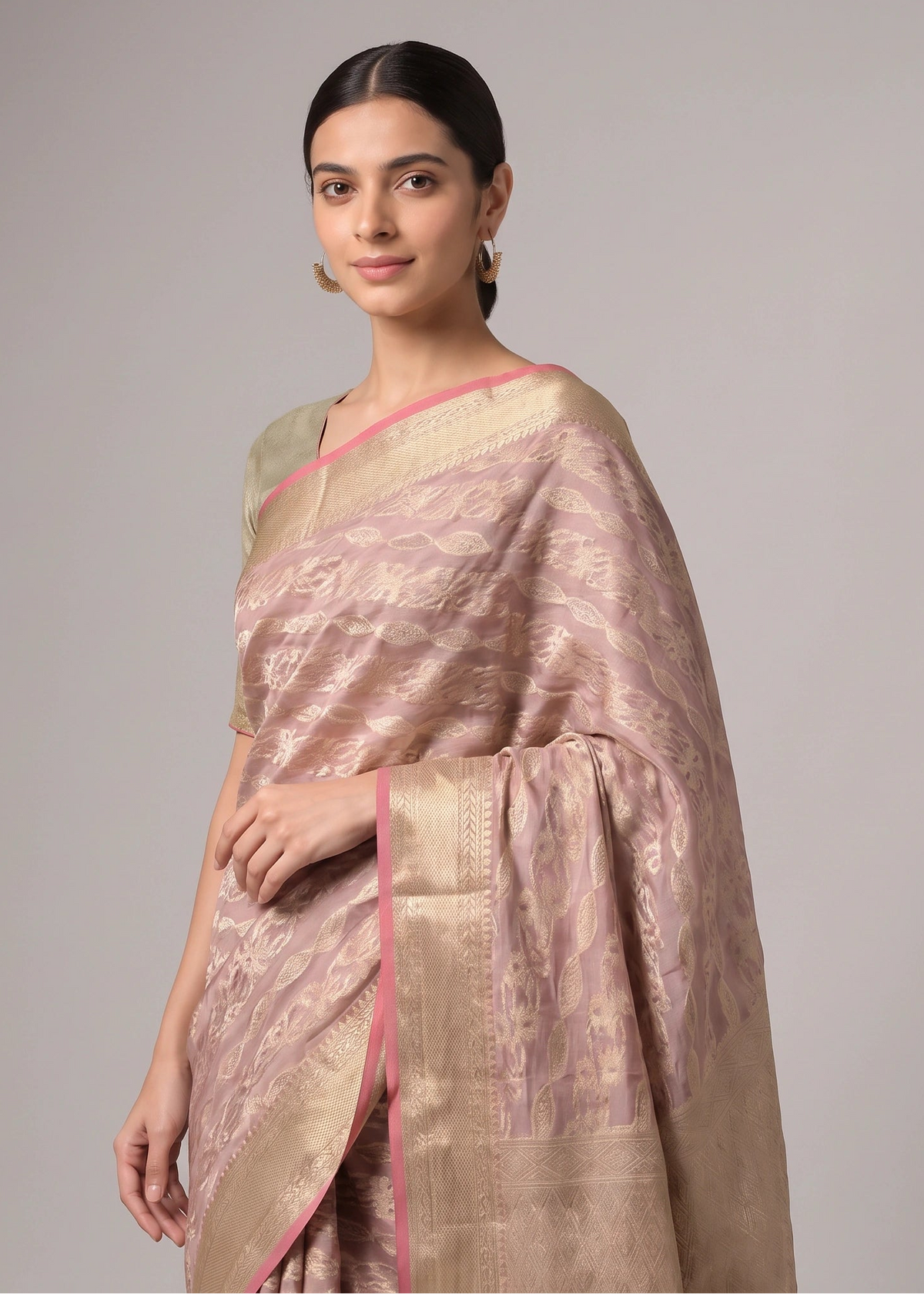 Dusty Mauve Rose Zari Woven Saree