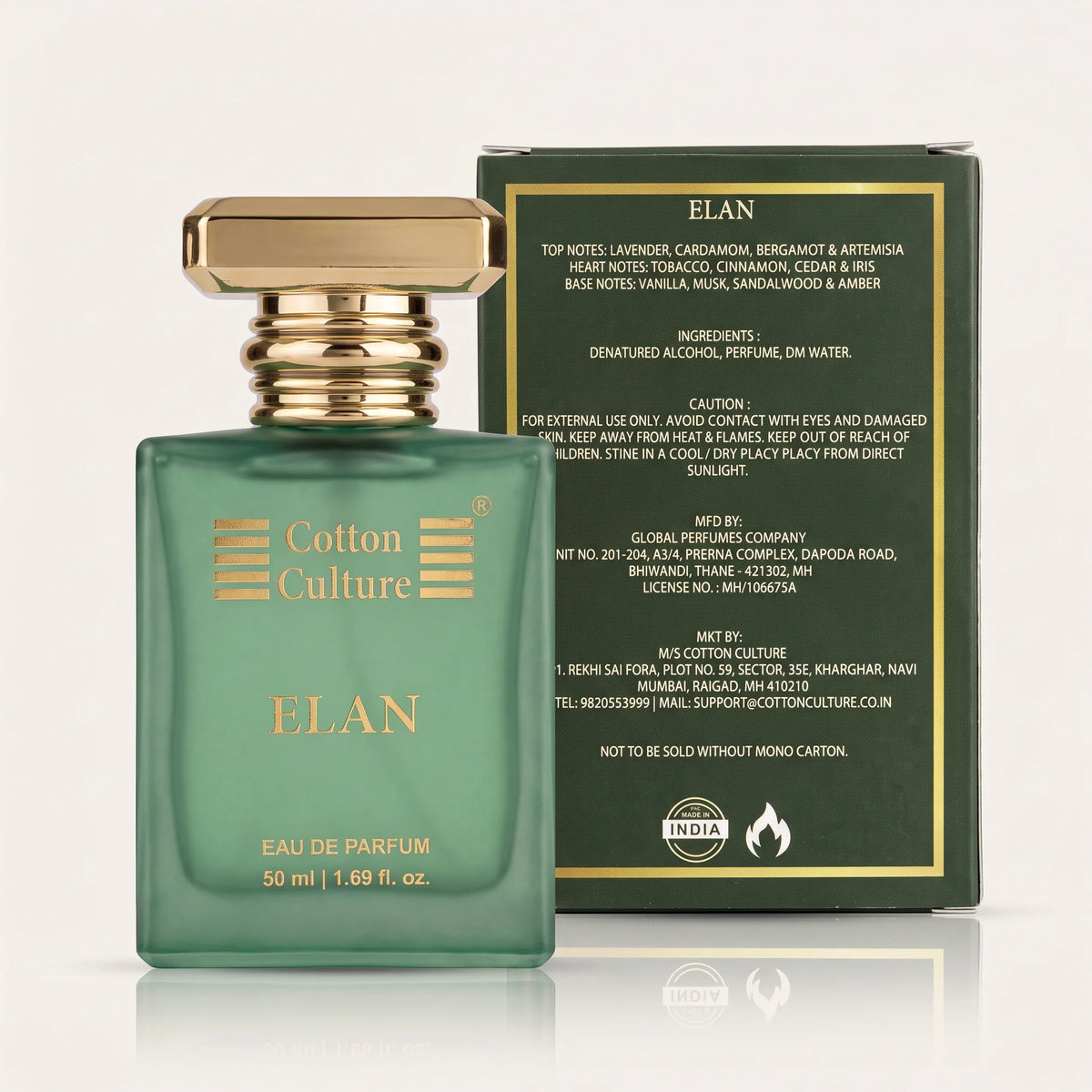 A green glass bottle of ELAN Cotton Culture Eau de Parfum with a gold cap, shown alongside its dark green and gold retail box on a light background.