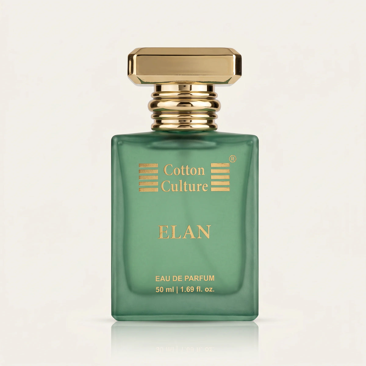 A green glass perfume bottle with a gold cap, labeled 'Cotton Culture ELAN' and 'EAU DE PARFUM 50 ml', centered on a light cream background.