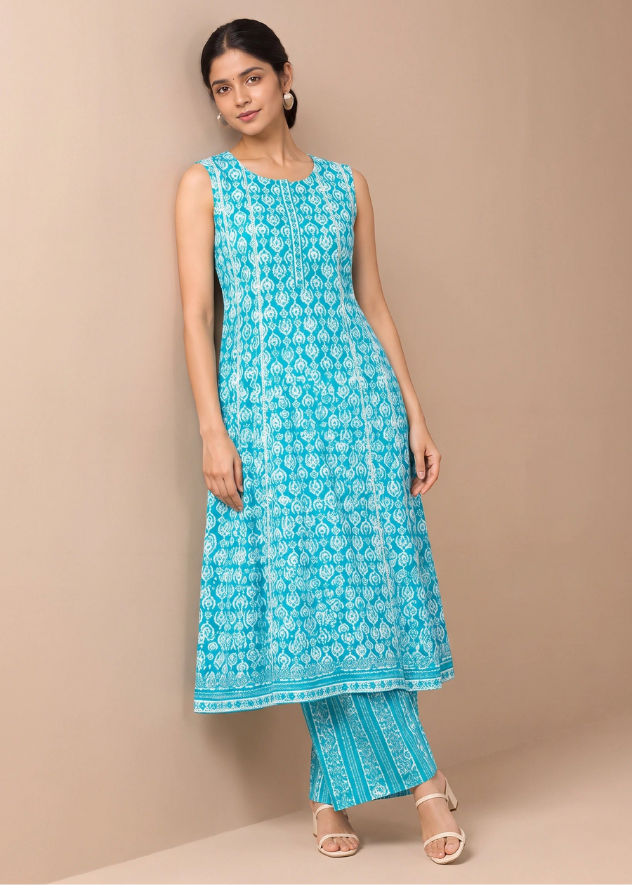 Firozi and Off White Cotton Printed A-Line Co-ord Set